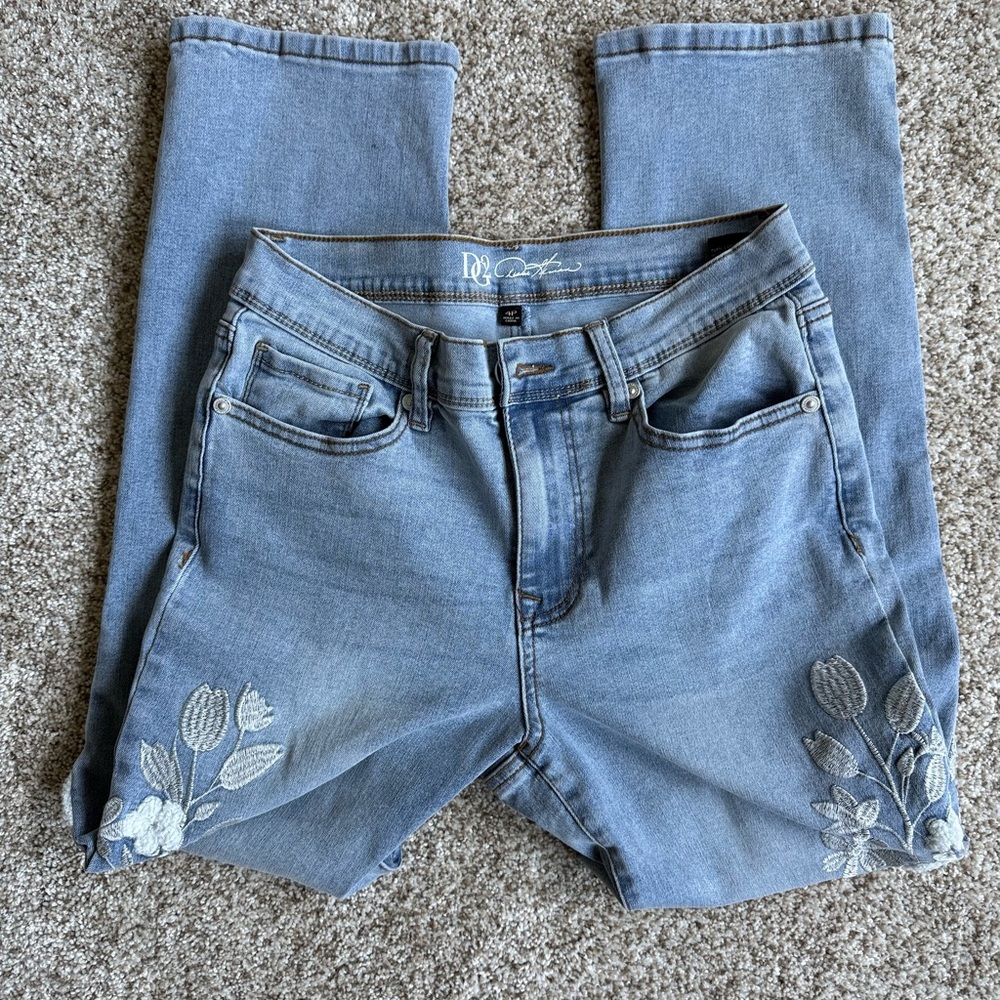 DG2 Women’s Straight Leg Light Blue Jeans with Floral Embroidery